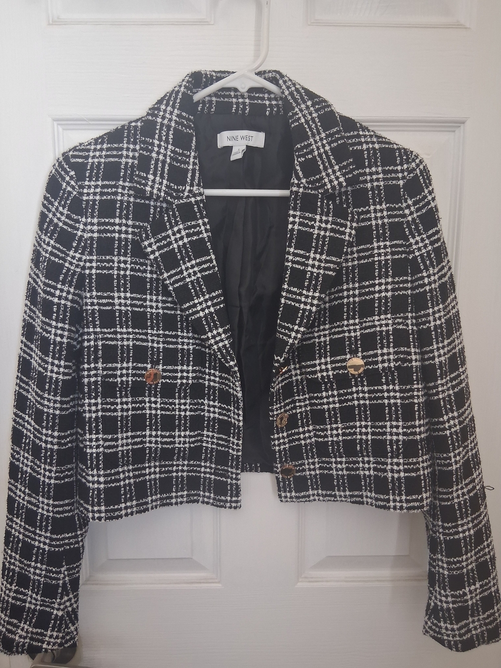 Nine West Black and White Plaid Cropped Blazer with Gold Buttons